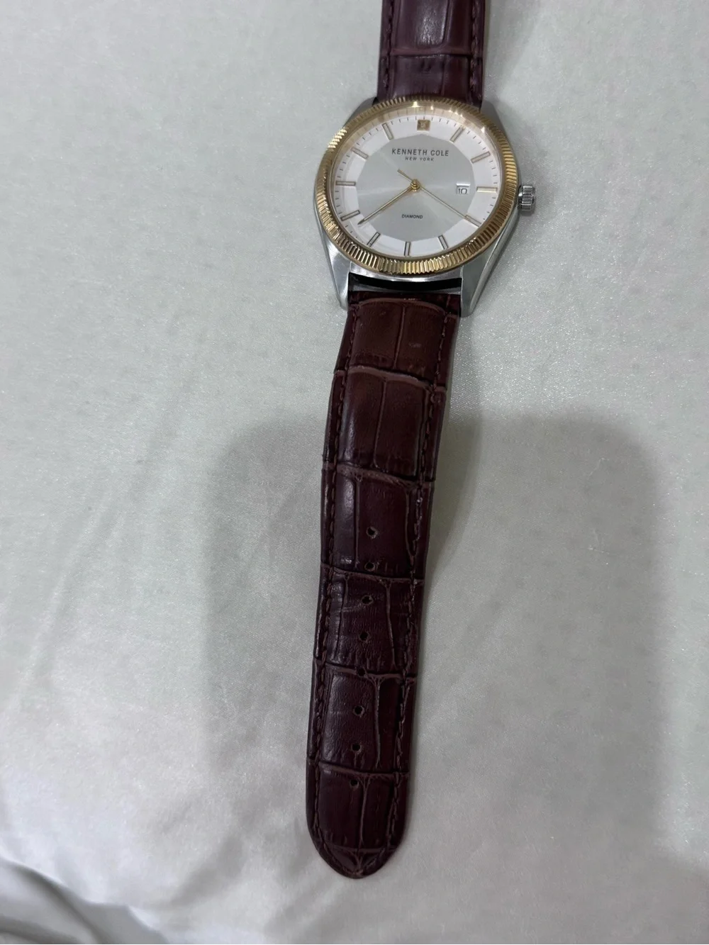 Kenneth Cole Brown Leather Strap Watch with Gold-Tone Bezel and White Dial